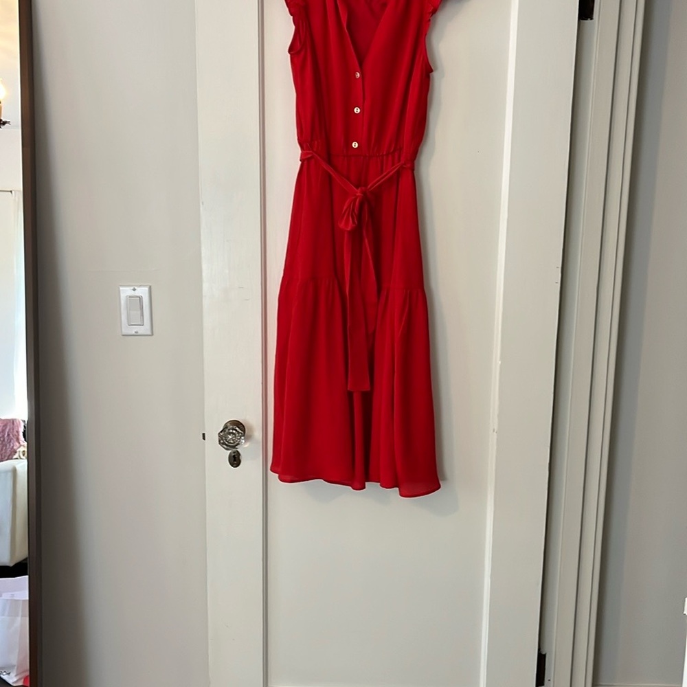 Ann Taylor Tomato Red Buttoned Tie Front Sundress with Ruffles and Tie Waist - Picture 3 of 5